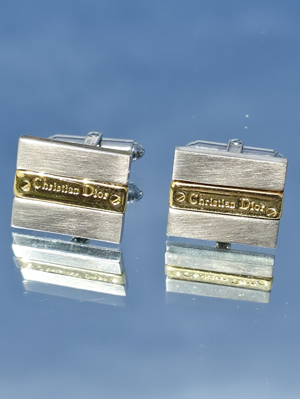 Vintage Christian Dior Cufflinks Brushed Silver Gold Two Tone Bar Logo Mens